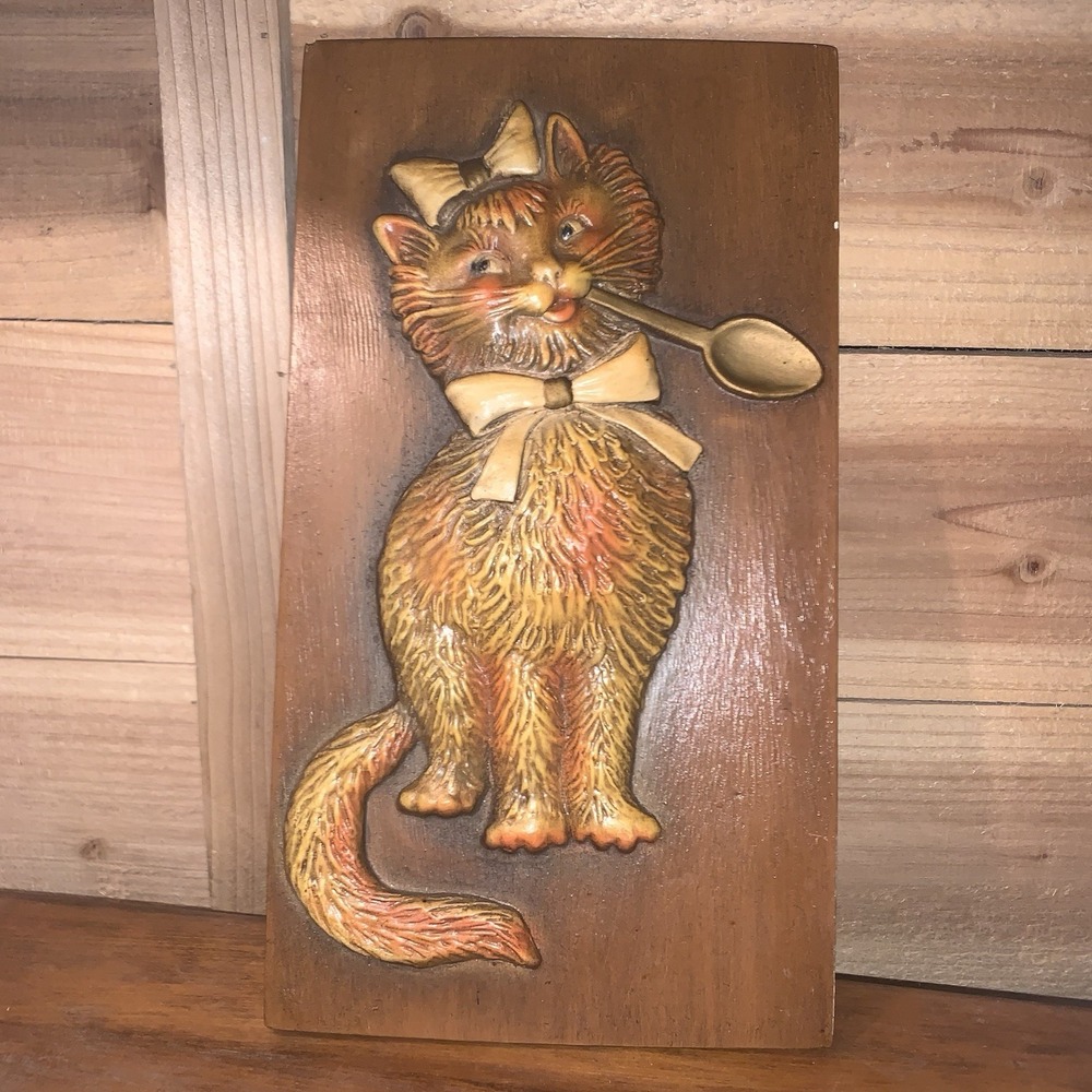 Vtg 1960s Chalkware Persian Cat Plaster Wall Hanging Art MCM 13.5" Bow Spoon